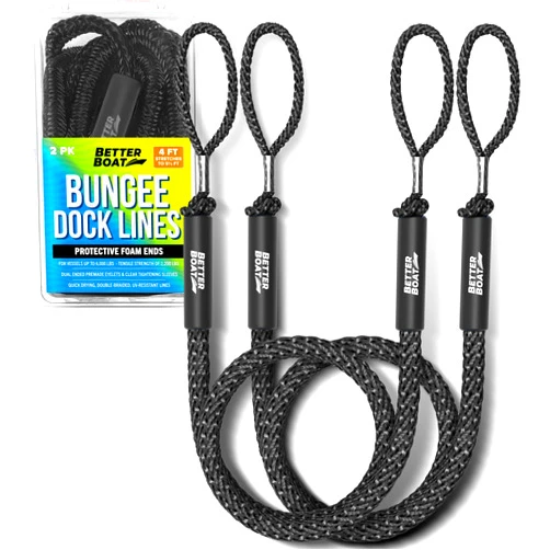 Better Boat 2-Pack Black Bungee Dock Lines, Marine Grade Boat Rope, Jet Ski or PWC Mooring Ties, Boating Accessories for Boats