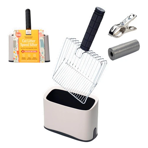 Mess & Matter Heavy-Duty Metal Cat Litter Scoop with Holder - Non-Stick Speed Sifting Litter Box Scooper Captures All Clumps - Cat Litter Sifter Shovel with Comfy Handle - Includes Litter Bags & Non-Slide Clip