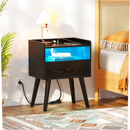 AKACIJA Nightstand with Charging Station Night Stands Bedside Table with USB Ports for Bedroom Home Office