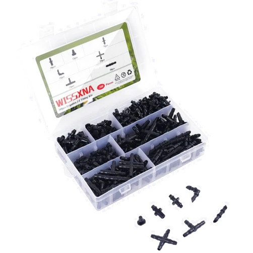 WISSXNA 300PCS Barbed Connectors Drip Irrigation Fittings Kit,Irrigation Connector for 1/4'' Tubing Garden Lawn Irrigation(Single barbs,End Plug,Barbs, Elbows Fittings,4-Way Connector,Tees,Coupling)