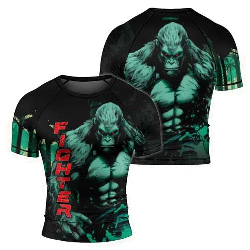 RASHNINJA Gorilla Men's Rash Guard Shirts Short Sleeve MMA Jiu Jitsu BJJ Grappling Training Compression Shirt