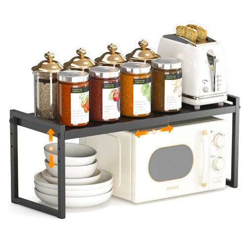 DOLALIKE Expandable kitchen Countertop Organizer, Stackable Cabinet Shelf Organizers, Space Saving Spice Rack Pantry Storage for Bathroom Office Organization (Black, 1 Pack)