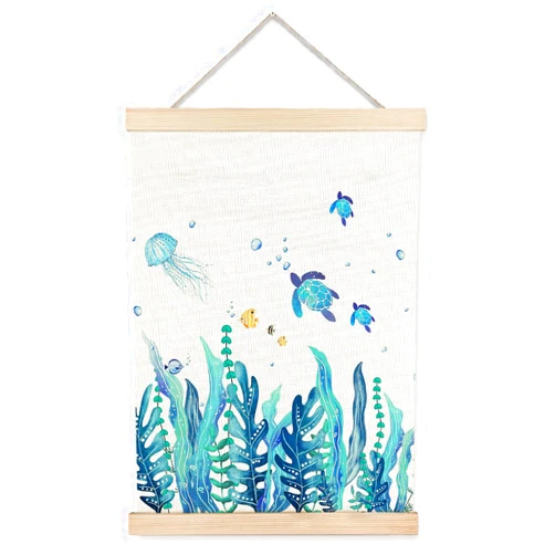 LUVADIAN Under the Sea Seaweed Poster Hanger Frame - Nautical Ocean Sea Turtle Fish Jellyfish Wall Art Prints Decor for Coastal Beach Room Kids Bedroom Nursery Bathroom, 12x16 Inches