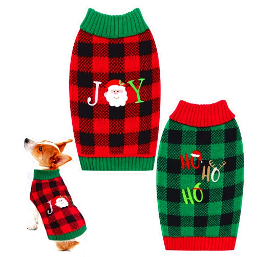 Pedgot 2 Pack Christmas Dog Sweater Classic Plaid Dog Xmas Clothes Dog Knitwear Joy HOHOHO Christmas Dog Coats Costume for Pet Christmas Holiday Winter Wearing (Small)