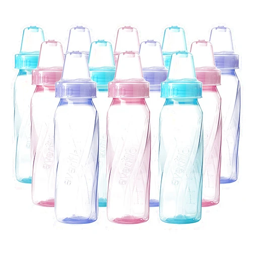 Evenflo Feeding Classic Tinted Plastic Standard Neck Bottles for Baby, Infant and Newborn, Pink/Lavender/Teal, 8 Ounce (Pack of 12)
