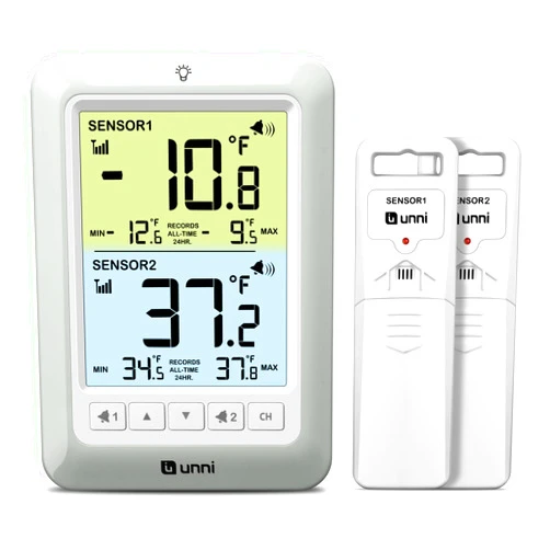 U UNNI Refrigerator Thermometer with Alarm, Digital Wireless Fridge and Freezer Thermometer, Max Min Temperature Records with Magnetic & Stand Options for Home Restaurant
