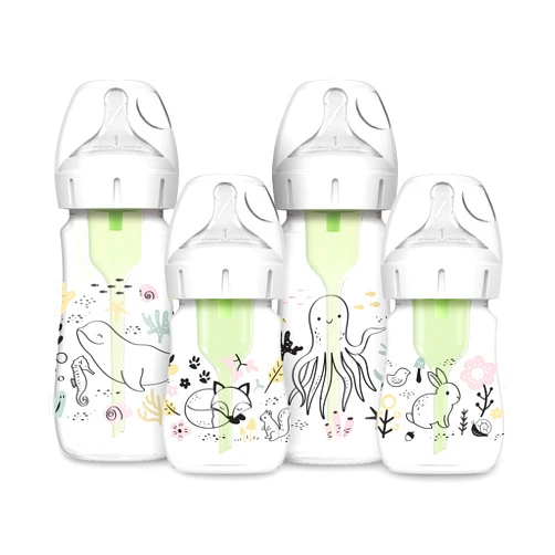 Dr. Brown's Dr. Brown’s Natural Flow® Anti-Colic Options+™ Wide-Neck Baby Bottle Designer Edition Bottles, Ocean and Woodland Design, 9 oz and 5oz, Level 1 Nipple, 4-Pack, 0m+
