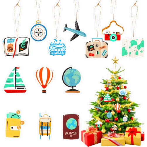 Youyole 26 Pieces Christmas Ornaments Travel Themed Party Decorations Set Luggage Passport Camera Christmas Wooden Hanging Decors with Rope for House Xmas Tree Decorations Party Supplies (Stylish Style)