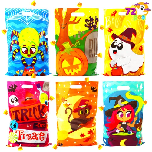 JOYIN 72 Pcs Halloween Goody Bags Halloween Candy Bags in 6 Designs, Halloween Plastic Treat Bags for Kids Halloween Party Favors, Halloween Party Supplies, Halloween Snacks Stuffers, Trick-or-Treat