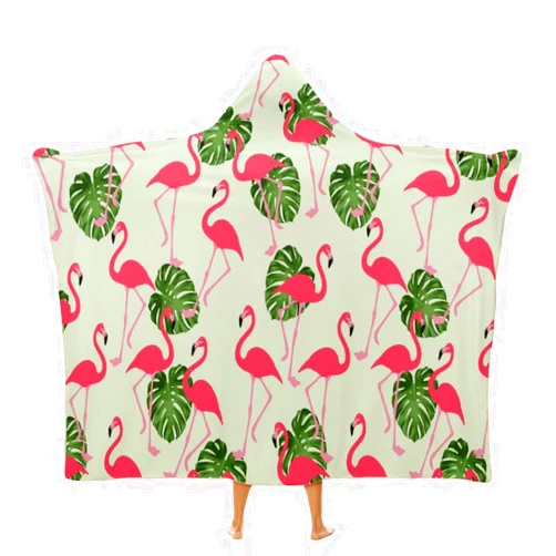 Generic Tropical Flamingo Palm Leaves Hooded Blanket Wearable Cloak Hoodies Throw Cape Wrap Poncho for Bed Sofa and Lounge Chair
