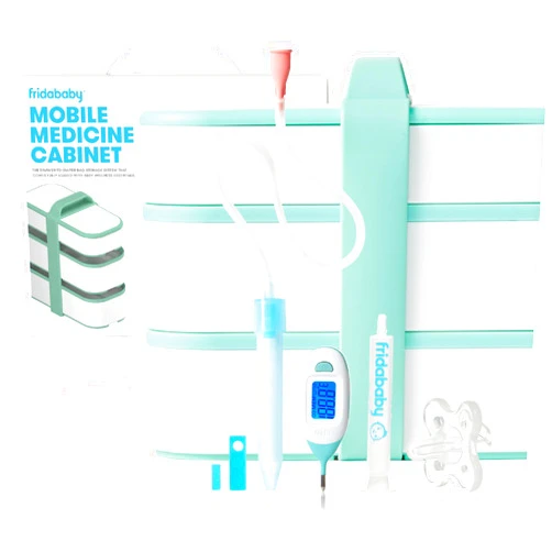 Frida Baby Mobile Medicine Cabinet Travel Kit, Set Baby Essentials Gift Set Includes NoseFrida Snotsucker, Rectal Thermometer, MediFrida Medicine Dispenser with Portable Carrying Case