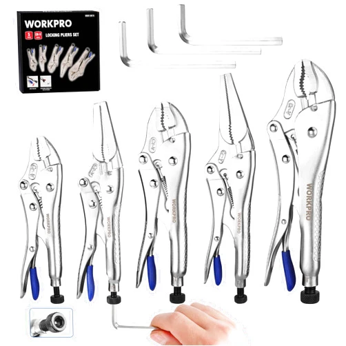 WORKPRO 5-Piece CR-V Locking Pliers Set, 6-1/2”, 9-1/2” Long Nose Locking Pliers, 5”, 7” and 10” Curved Jaw Locking Pliers, Fast Release with 3pc Hex Keys