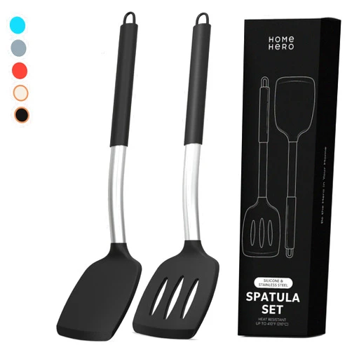 Home Hero Silicone Spatula Set with Ergonomic Handles - Stainless Steel High Heat Resistant Solid & Slotted Turner, BPA Free Non Stick Kitchen Utensils Set - Rubber Spatula (2 Pcs - Black)