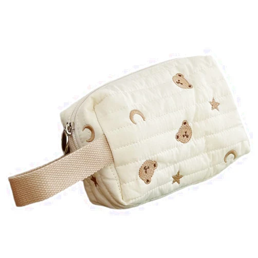 Donloise Kawaii Makeup Bag Cosmetic Case Cute Bears Storage Organizer with Handle Japanese Aesthetic Zipper Toiletry Bag Beige