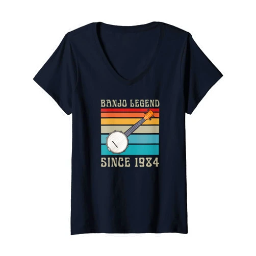 Banjo Birthday Party Supplies for Banjo Players Womens Banjo Legend Since 1984 Retro 80s Style Birth Year Birthday V-Neck T-Shirt
