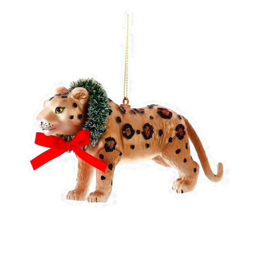 The Bridge Collection 4.5 Inch Leopard Christmas Ornament with Festive Wreath and Red Bow - Detailed Jungle Animal Decor
