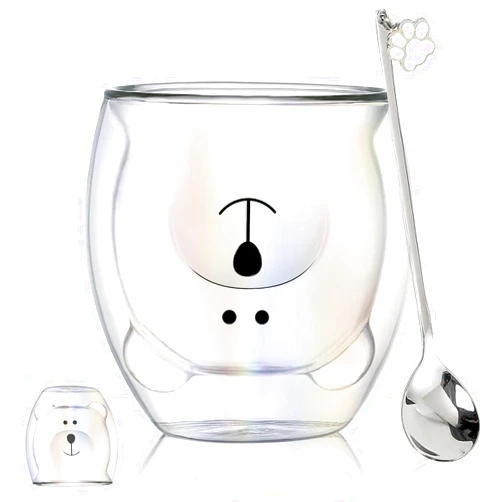 Binoster Cute Mugs Double Wall Glass Coffee Glass Cup Kawaii Bear Tea Milk Cup Funny Mug Animal Mug Aesthetic Cup for Office and Personal Birthday Gift (Iridescent Bear)