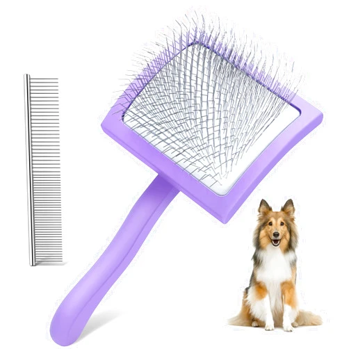 WOPQAEM Dog Slicker Brush for Grooming Hair, Long Pin Brush for Shedding Medium & Long Haired Cats. Dematting Tool for Removes Loose Fur, Tangles, Knots, Undercoat, Free Pet Comb - Large, Purple
