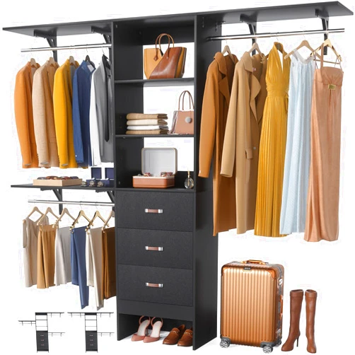 Girapow Closet System with Wooden Drawers, 8 FT Closet Organizers System with Adjustable Shelves & Hanging Rods, Wall-mounted Closet Organizer Storage System for Walk-in Closet, Black