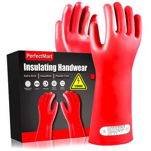 PerfectMart Insulating Gloves For High Voltage Electrical Work 1.8mm-Thickness Protective Gloves Cut & Stab Resistant 12kVAC/22kVDC Max Red Rubber Insulating Handwear For Lineworker Electricians