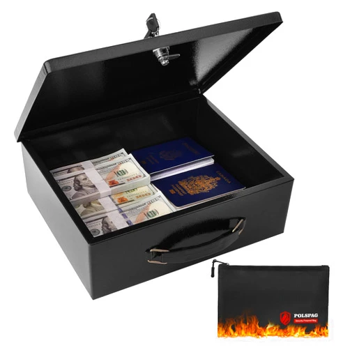 Polspag Fireproof Document Box with Key Lock & Fireproof Money Bag,Safe Storage Box for Valuables,Fire Resistance Security Chest,Fireproof Box for Documents,Passport Extra Large (Black, Large)