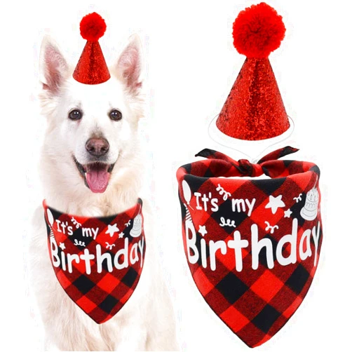 Barleygoo Dog Birthday Bandana Scarf with Cute Bling Hat Pet Party Supplies Boy and Girl for Small Medium Large Dogs Red