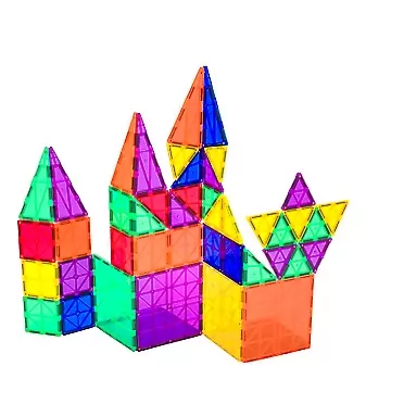 Playmags Award Winning Clear Colors Magnetic Tiles Building Set 50 + 6 Pc Set with Car - STEM Magnetic Toys Develop Motor Skills & Creativity, Colorful, Durable Magnet Building