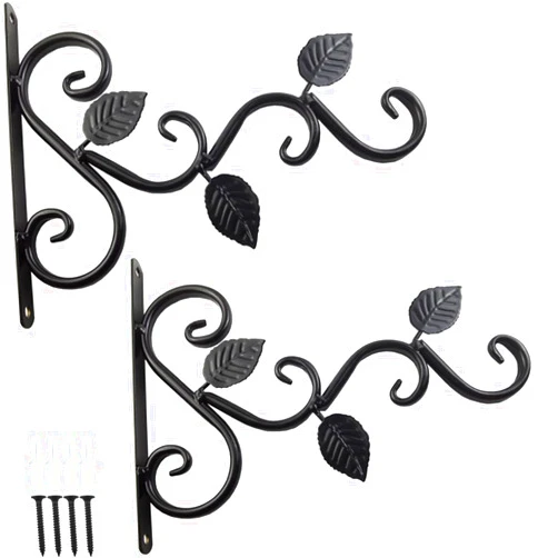 TIHOOD 2PCS Wall Hook Hanging Plant Brackets, Metal Plant Bracket Iron Wall Mount Leaf Black Hangers for Hanging Bird Feeders, Lanterns, Wind Chimes, Planters, Outdoor Decoration Hooks