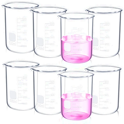 Relaxweex 8 Pcs 500ml Glass Lab Beaker 3.3 Borosilicate Glass Measuring Cup with Spout Low Form Glassware for Laboratories Classrooms or Home Use
