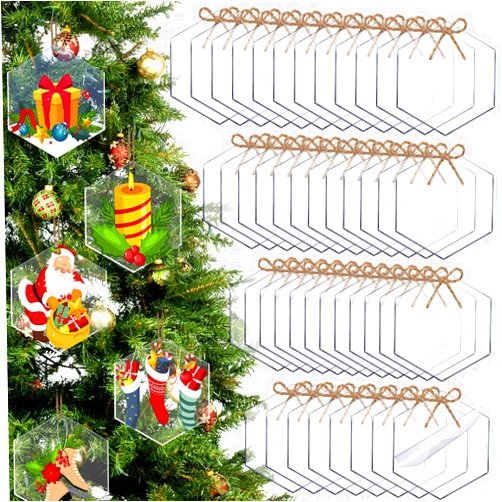 Jetec 48 Pcs Clear Acrylic Christmas Ornament Clear Christmas Acrylic Blanks Ornaments DIY Christmas Tree Acrylic Tags with Hole for Christmas Bauble Tree Hanging Decoration (Hexagon Style)