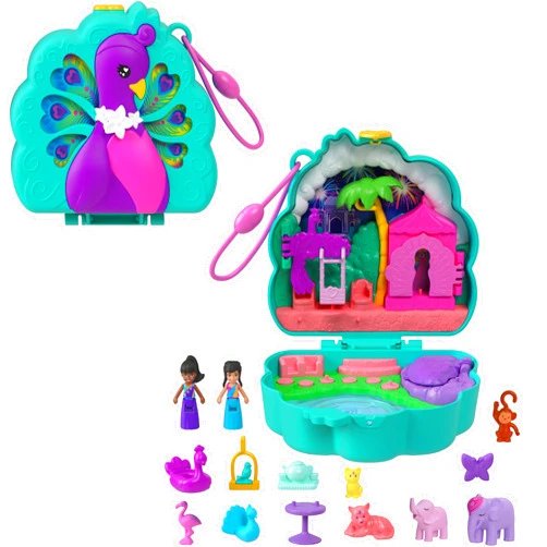 Polly Pocket Dolls & Playset, Peacock Garden Compact, Travel Toy with 2 Micro Dolls, Pets & Animal Accessories