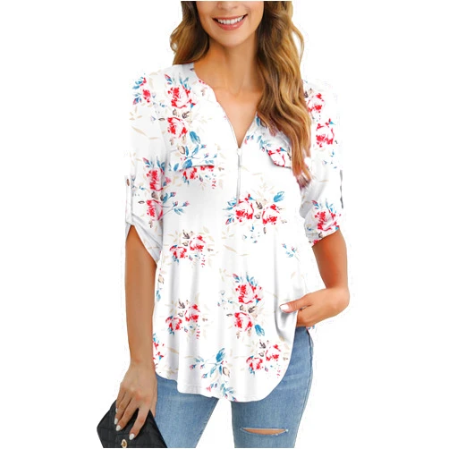 a.Jesdani Women's Plus Size Tops 3/4 Roll Sleeve Shirts V Neck Blouses Tunic Top