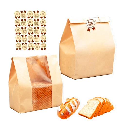 GOYOMI Bread Bags for Homemade Bread, Pack of 25, Paper Bread Bags with Clear Window, Kraft Food Packaging Bags for Storage Bread & Cookies, 25 Seal Stickers Included (12.2'' X 8.3'' X 3.5'')