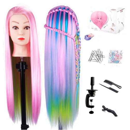 MYSWEETY 29 Inch Colorful Hair Mannequin Head Hairdressing Practice Training Doll Heads Cosmetology Hair Styling Mannequins Heads with Clamp + Practice Tools(PINK)