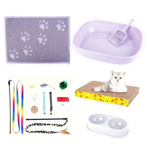 SIVEIS Cat Kitten Starter Kit,New Small Cat Litter Tray Box Set,Include Cat Litter Box Low Entry & Scoop/Cat Ground Mat/Cat Hair Comb/Double Cat Bowls/Cat Scratching Post/Cat Toys/Cat Collars -14pcs