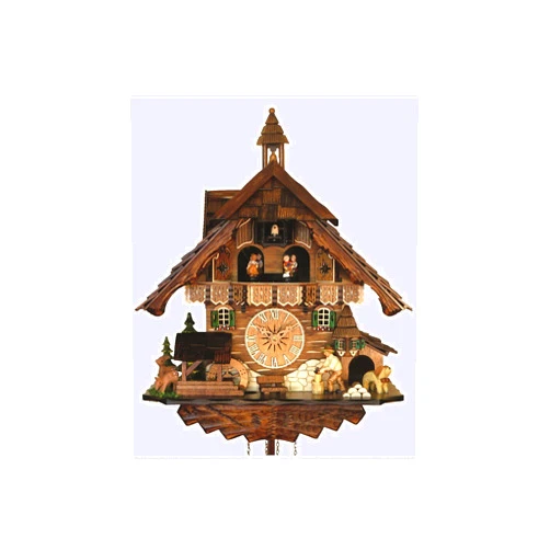 Engstler Quartz Cuckoo Clock Black Forest House with Moving Wood Chopper and Mill Wheel, with Music EN 483 QMT