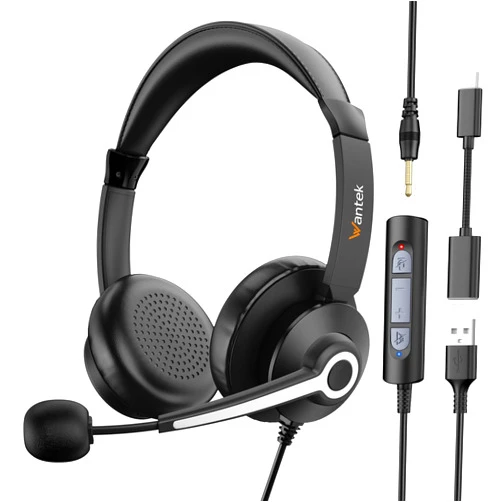 Wantek USB Headset with Microphone for PC, Computer Headset with Noise Cancelling Microphone for Laptop,3.5MM Jack USB Wired Headset with Mute in-line Control for Office Online Class Skype Zoom Meetings