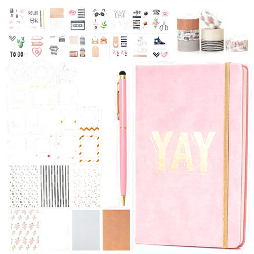Gemful of Colors Journaling Kit for Girls Ages 8-12 - DIY Journal Set Includes Unlined Pages, Pen, Stickers, Washi Tape, Cards and Storage Box (Pink)