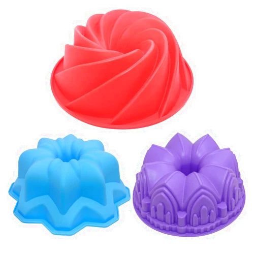 AIFUDA 3 Pcs Silicone Cake Bread Baking Molds, AIFUDA Large Swirl Cake Mold Castle Cake Mold and Double Flower Cake Mold for Birthday Party DIY