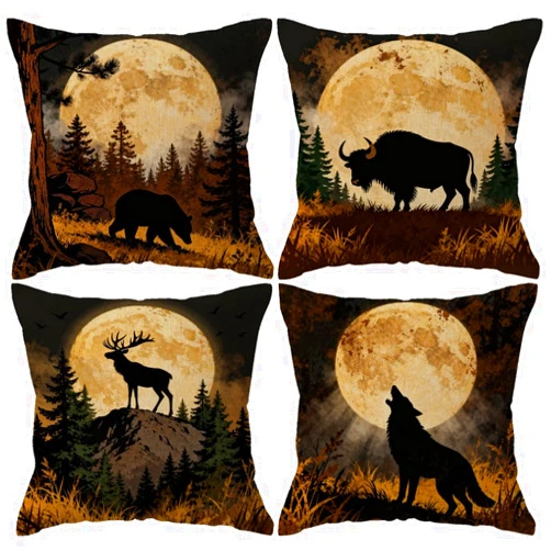 ULOVE LOVE YOURSELF Rustic Wildlife Throw Pillow Covers 4Pack Wilderness Night with Bear Wolf Deer Bison Cushion Covers 18x18 Inch Moon Forest Pillowcases for Cabin Decor(Black Brown)