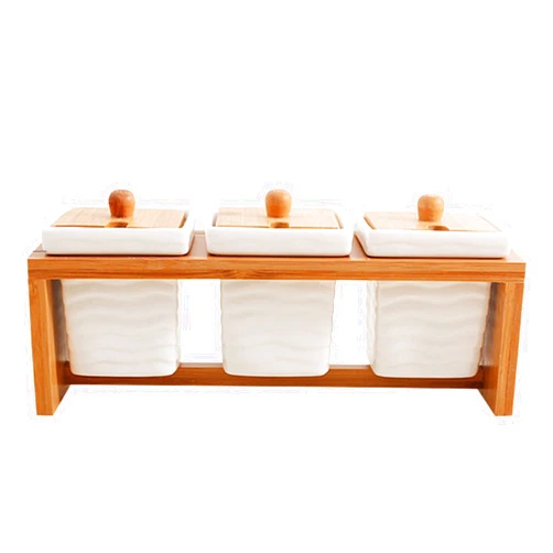 MIATTCLD Ceramic Spice Jars with Lids and Spoons, 3pcs Condiment Pots for Salt, Sugar, Pepper, Seasoning Storage Containers Set with Bamboo Serving Tray for Home Kitchen Counter