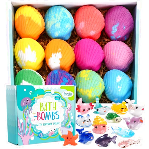 Excalla Bath Bombs for Kids with Toys Inside for Girls Boys - 12 Handmade Kids Bubble Bath Fizzies Bomb with Surprise Sea Animals Toys, Moisturize Gentle and Kids Safe