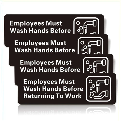 MEIWU Employees Must Wash Hands Sign (4 Pack) - 9 x 3 Inch Self-Adhesive Acrylic Plastic with Universal Symbols - Perfect for Restaurants, Salons, Hotels, Public Restrooms, and More