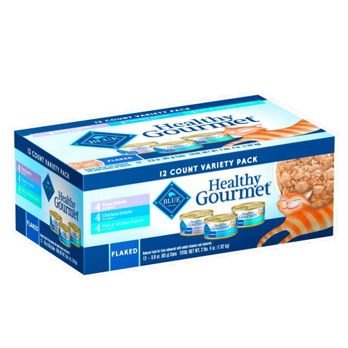 Blue Buffalo Healthy Gourmet Natural Adult Flaked Wet Cat Food Variety Pack Tuna, Chicken, Fish & Shrimp 3-Oz Cans (12 Count- 4 of Each Flavor)