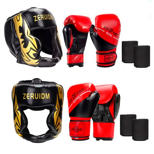 ZERUIDM 3-in-1 Boxing Gloves and Headgear Set for Kids Adults Sparring Gear Safety Head Guard Boxing Helmet for MMA Kickboxing Muay Thai Training Equipment Ages 6-18 Years
