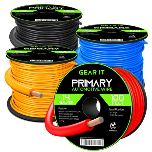 GEARit 14 Gauge Wire (100ft Each- Black/Red/Blue/Yellow) Copper Clad Aluminum CCA - Primary Automotive Power/Ground Battery Cable, Car Audio, Trailer Harness, Electrical - 400 Feet Total 14ga AWG Wire