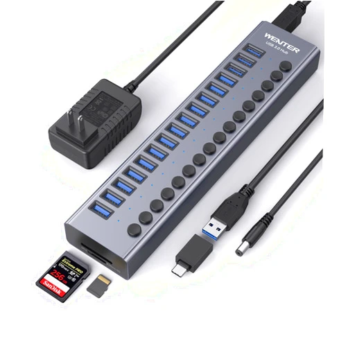 WENTER Powered USB Hub - WENTER 16 Ports USB 3.0 Hub, 5 Gbps Data Port, Aluminum Housing, Individual On/Off Switches, 12V/3A Power Adapter, Multiport Powered USB 3.0 Hub for PC, Laptop, Computer, Mobile HDD