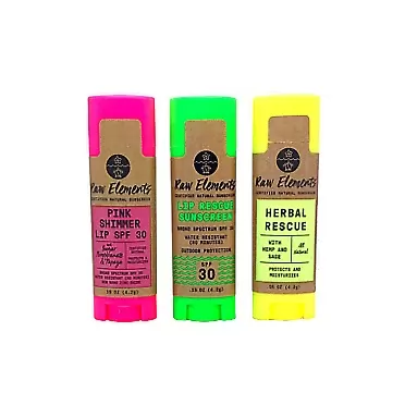 Raw Elements Lip Care 3-Pack | Contains Pink Lip Shimmer SPF 30+, Lip Rescue Sunscreen SPF 30+, and Herbal Rescue Lip Balm, 0.15oz each