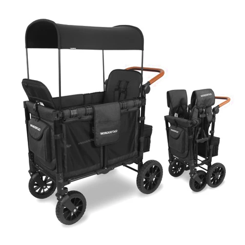 WONDERFOLD W2 Luxe Stroller Wagon (2 Seater) - Collapsible Wagon Stroller with Seats with Magnetic Buckle 5-Point Harnesses and Adjustable Sun Canopy, Volcanic Black