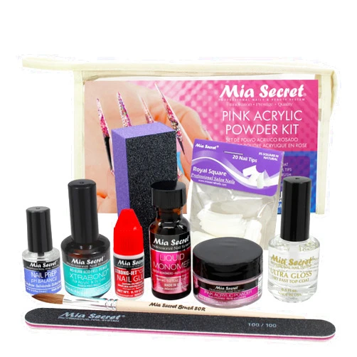 MIA SECRET PINK ACRYLIC POWDER PROFESSIONAL FULL NAIL KIT - 05, Contents: Liquid Monomer, Pink Powder, Primer, Nail Glue, Top Coat, 20 Nail tips, Nail Brush, Emery Block, Nail File